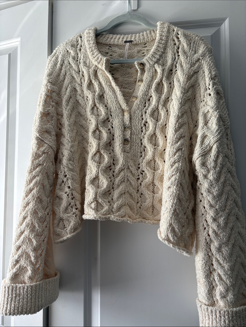 Free People Cream Cable Knit Button Pullover